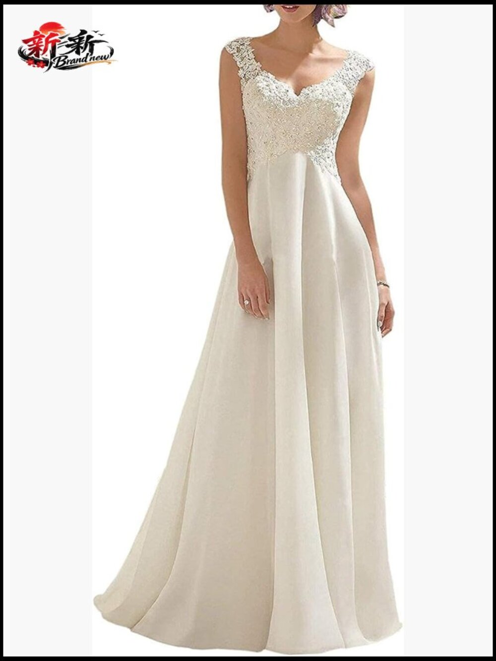 Women's Wedding Dress Lace Double V-Neck Sleeveless A-Line Floor Length Chiffon